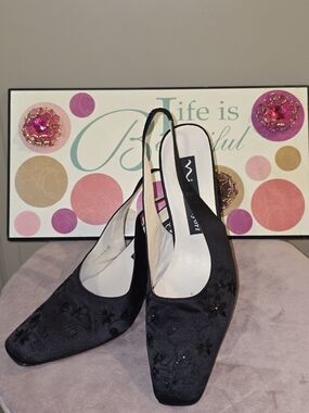 Nina Black Embroidered Slingback Mules